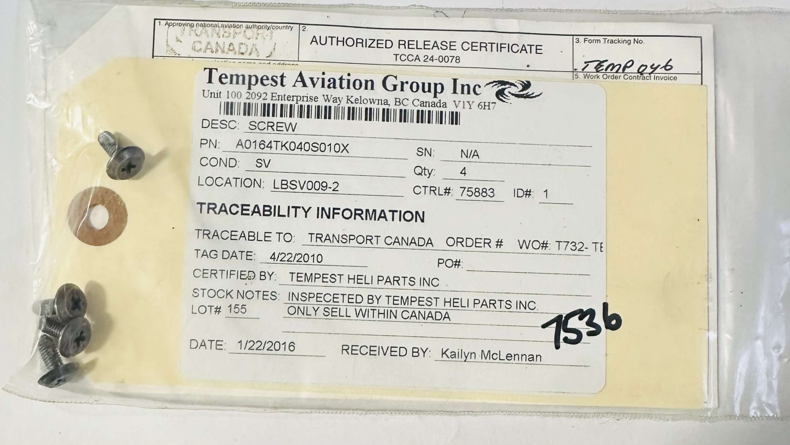 Aircraft Part: A0164TK040S010X