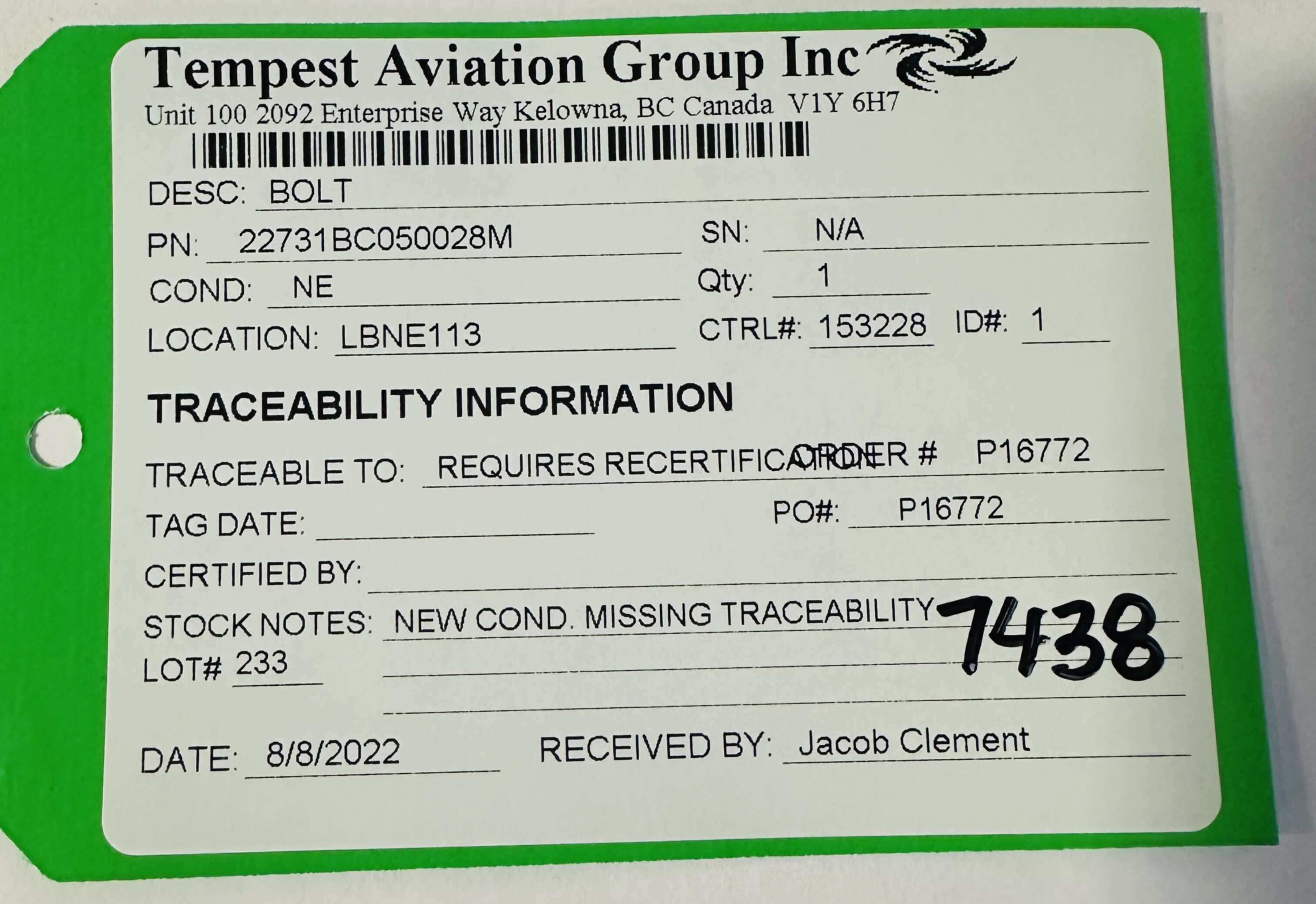 Aircraft Part: 22731BC050028M