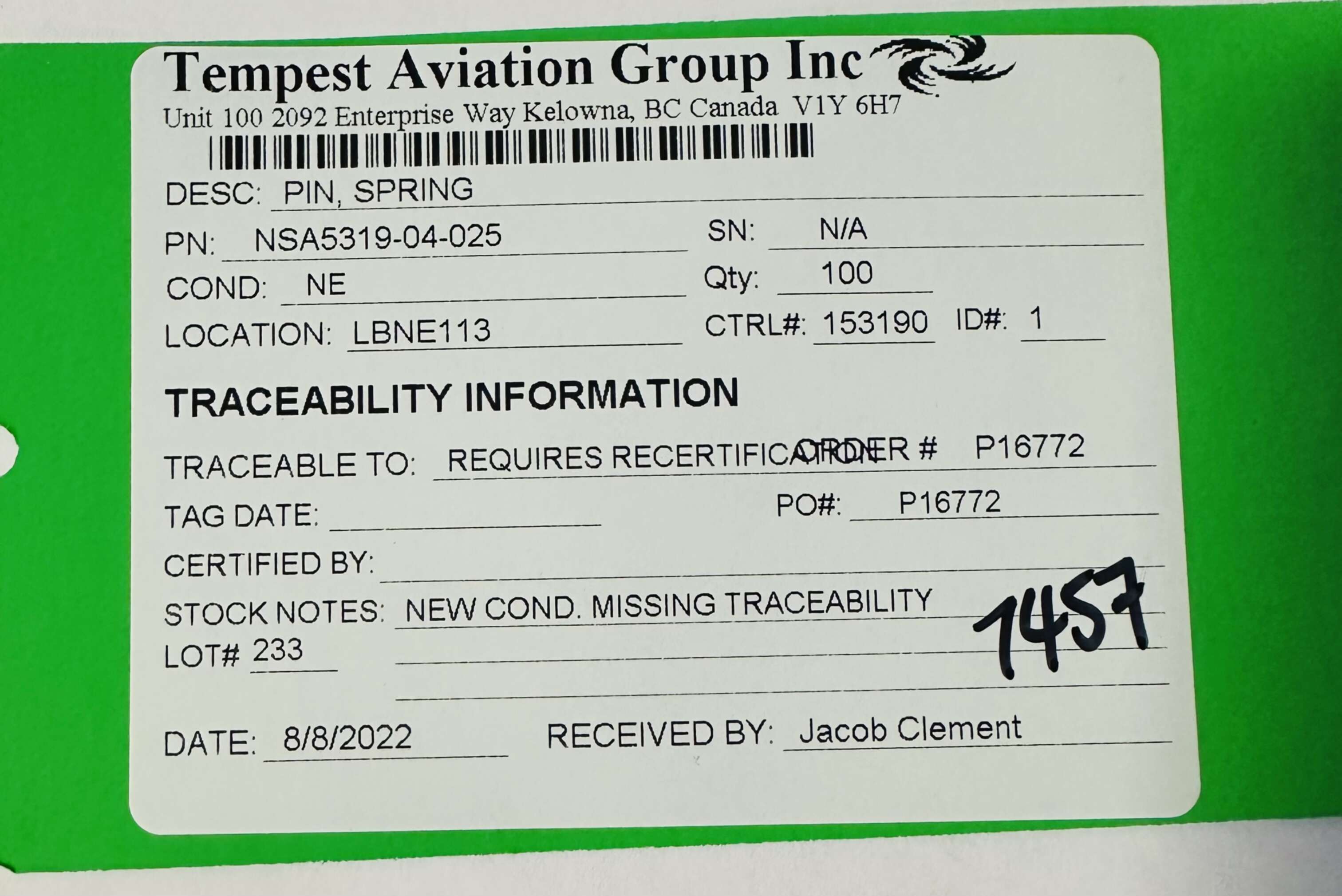 Aircraft Part: NSA5319-04-025