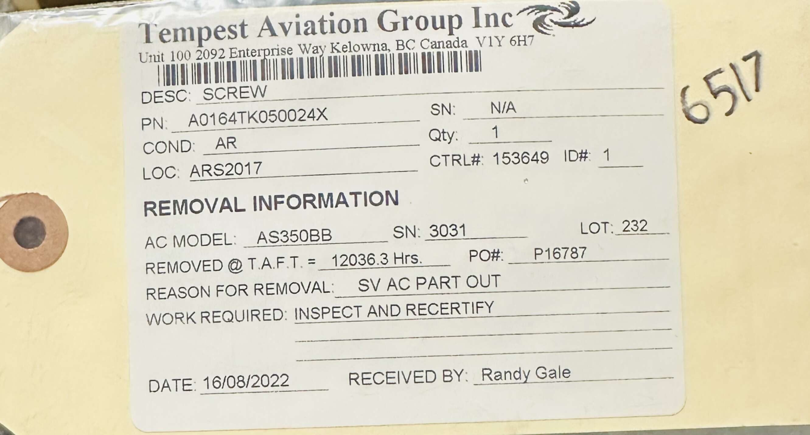 Aircraft Part: A0164TK050024X