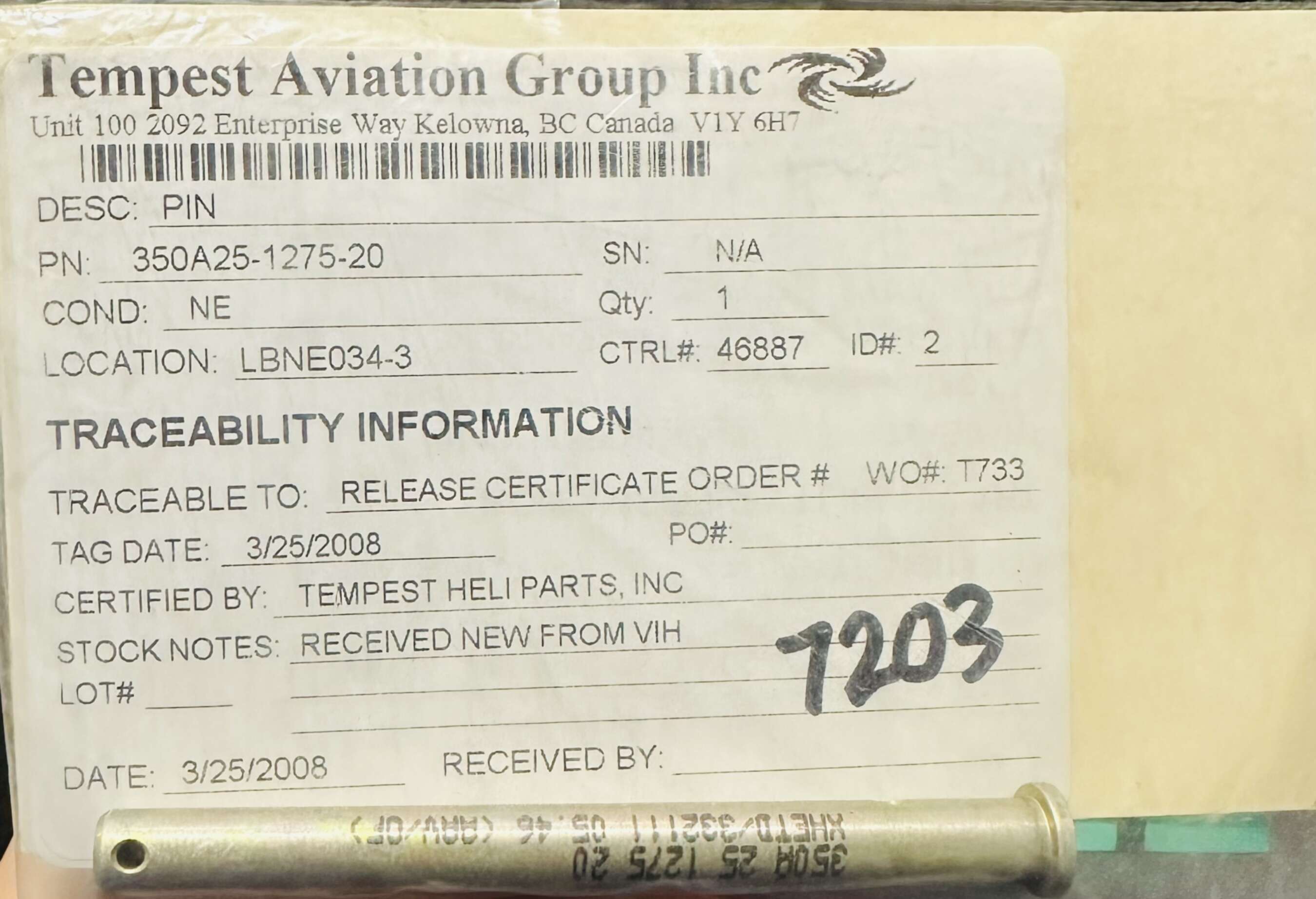 Aircraft Part: 350A25-1275-20