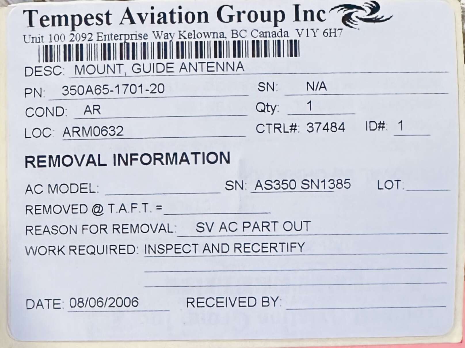 Aircraft Part: 350A65-1701-20