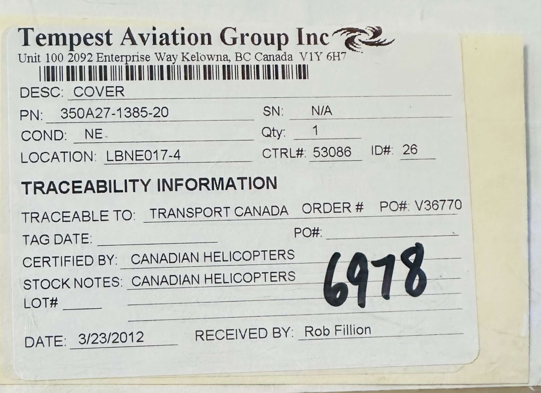 Aircraft Part: 350A27-1385-20