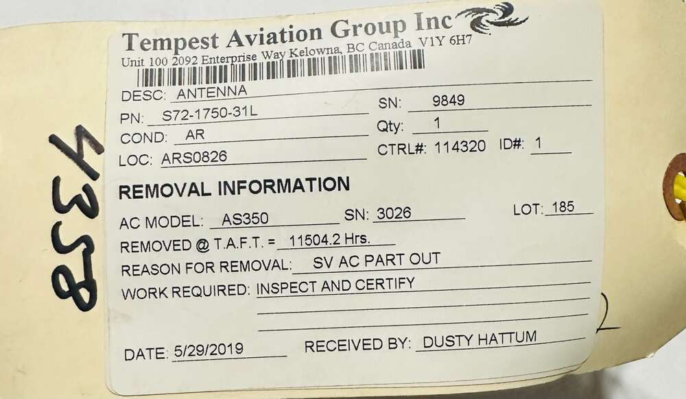 Aircraft Part: S72-1750-31L