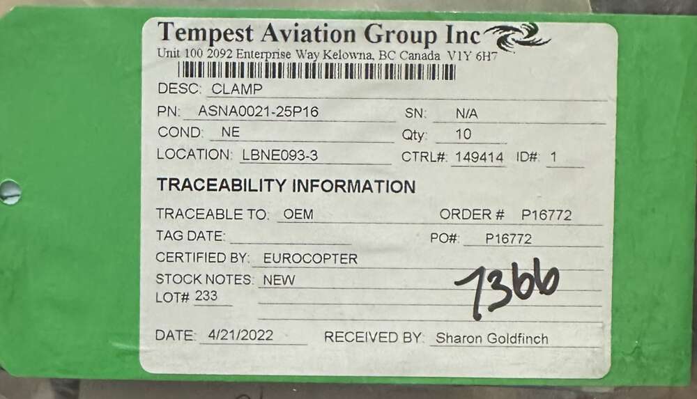 Aircraft Part: ASNA0021-25P16