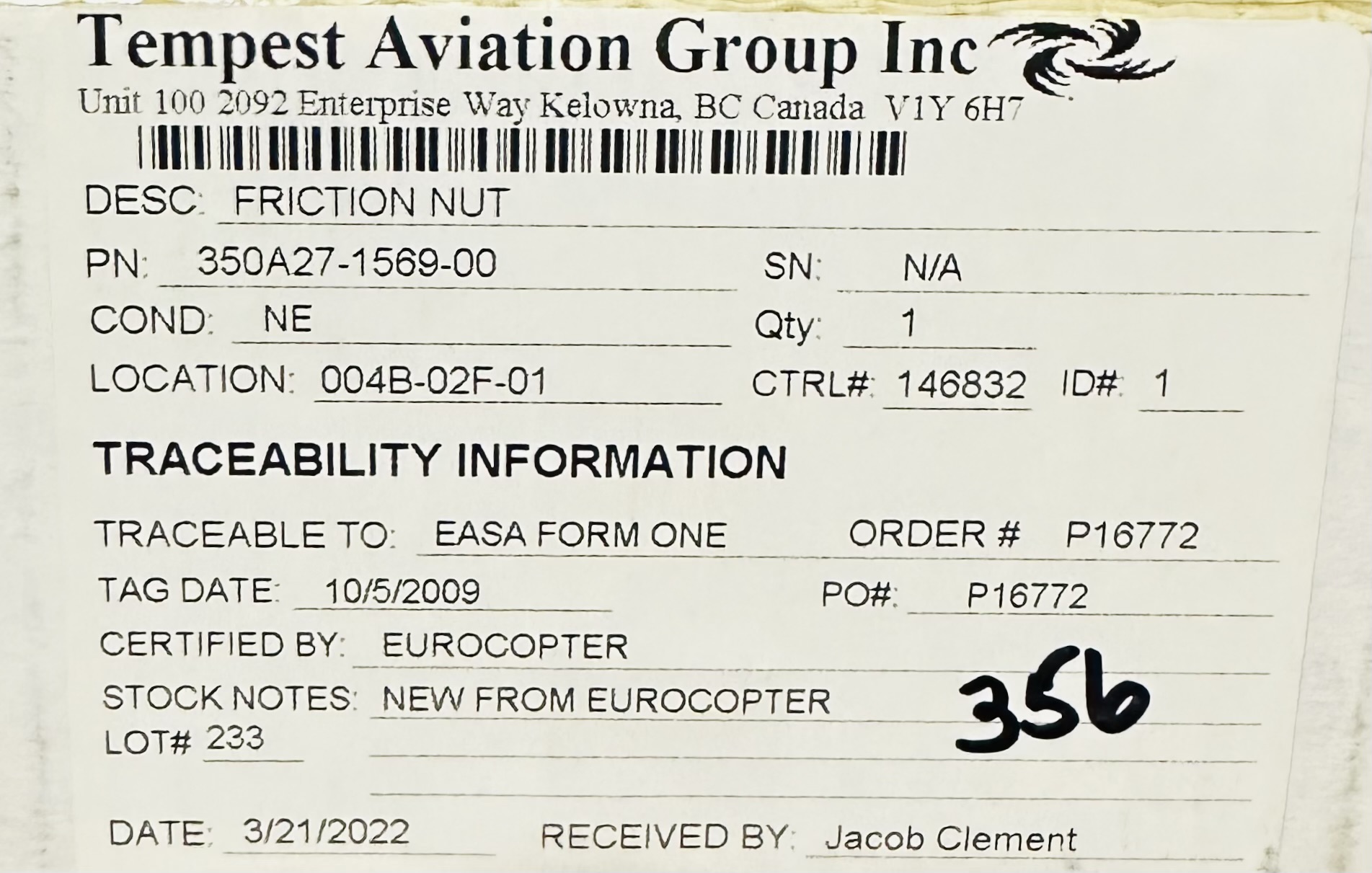 Aircraft Part: 350A27-1569-00