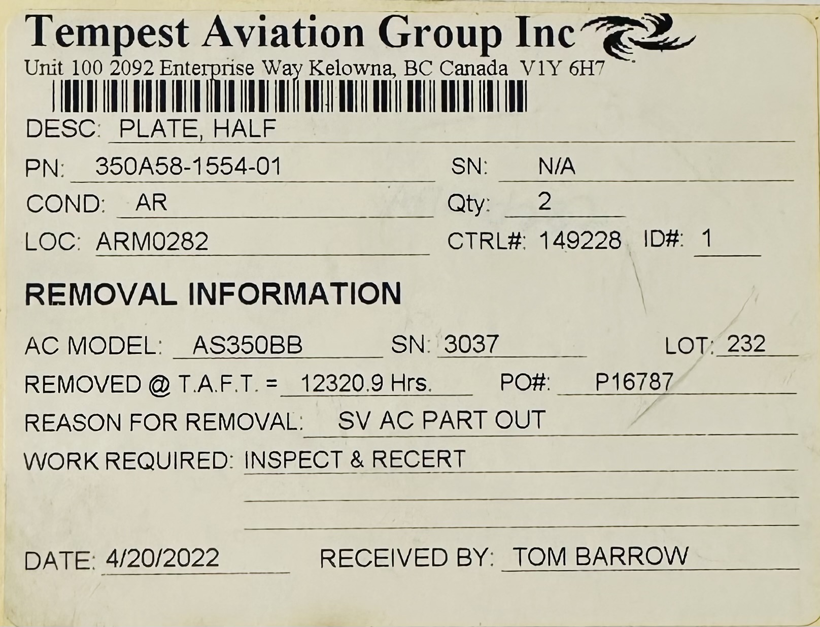 Aircraft Part: 350A58-1554-01